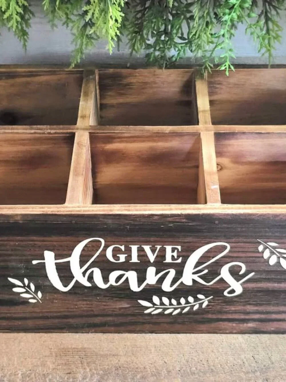 Rustic Give Thanks 6 Divided Wood Crate Primitive Thanksgiving Flatware Storage